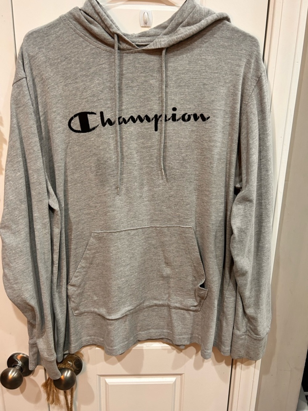 Champion Size Medium Lightweight Grey Hoodie with Black Script Logo